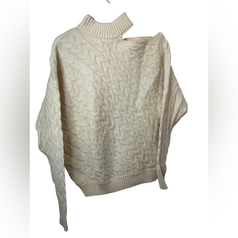 For The Republic Cream Mock Neck Open Shoulder Sweater